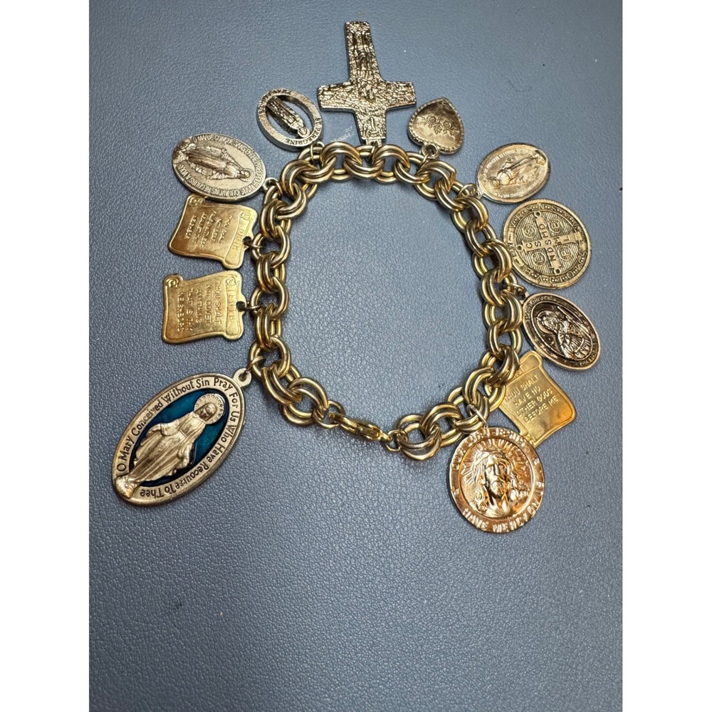 Vintage Religious Charm Bracelet Gold & Silver Tone Medals 8" Whimsigoth Saints